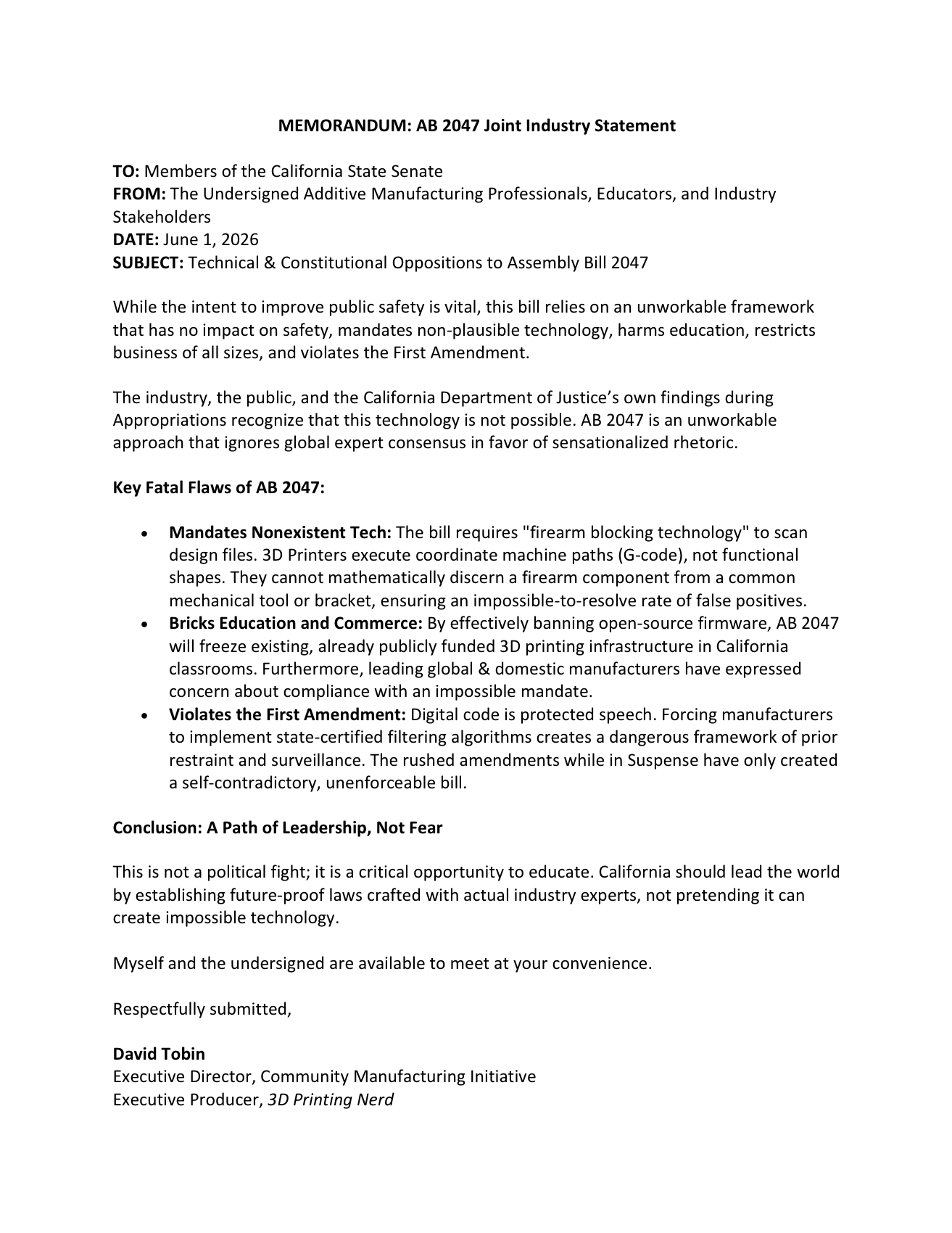 A Letter From The Industry: a memorandum to the California State Senate opposing AB 2047.